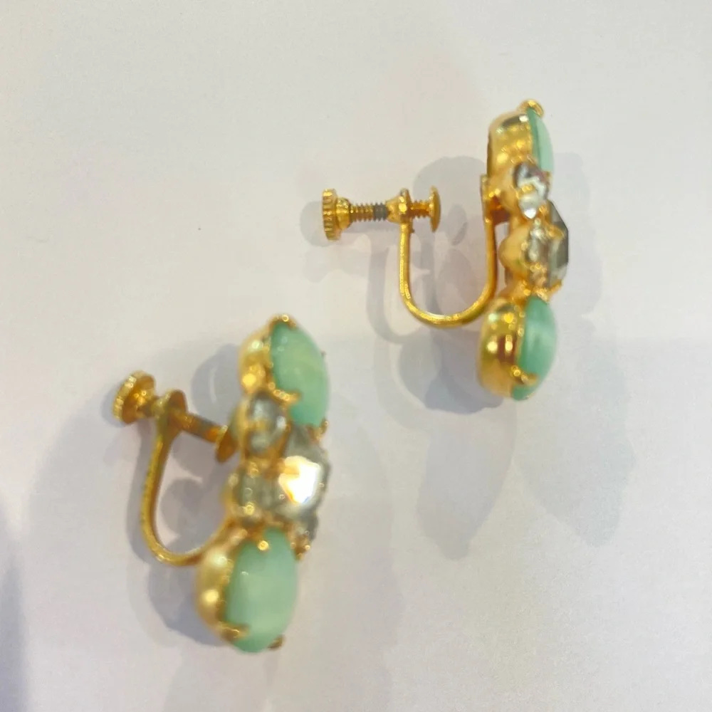 Vintage earrings green rhinestone screwbacks - Picture 4 of 7